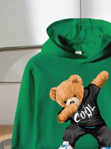 SHEIN Leap Crew Tween Boys Casual Cartoon Bear Print Thick Long Sleeve Sweatshirt, Suitable For Autumn/Winter - Green - View 4