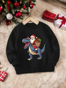Young Boy's Christmas Dinosaur & Santa Print Sweatshirt - Black - View 1