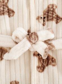 Cozy Pixies 女婴休闲百搭熊图案保暖内衬连帽长袍，腰部系带，长袖 - 杏色 - 查看 4