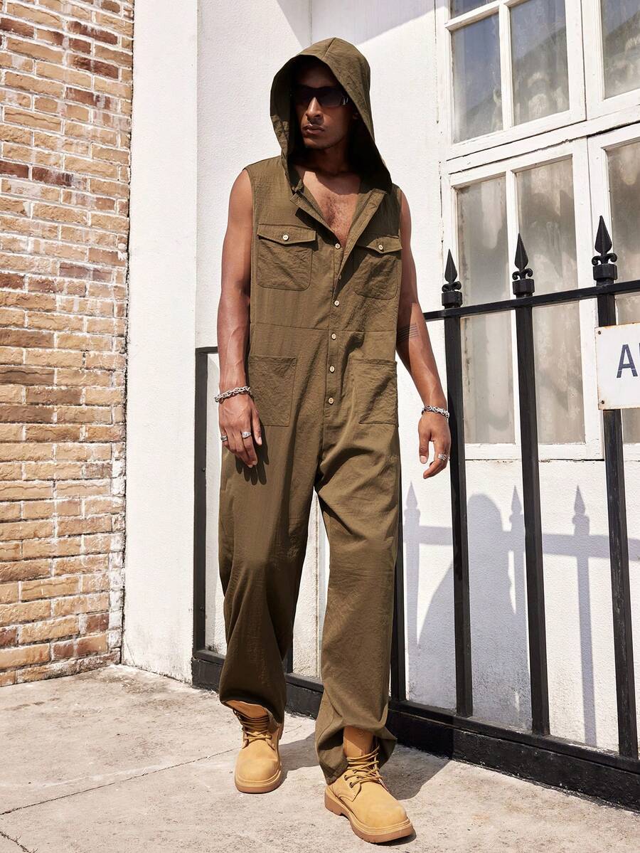 Manfinity Dauomo Men's Solid Color Sleeveless Hooded Jumpsuit, Casual Vacation Style - Green - View 1