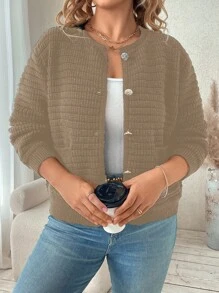 Franclia Plus Size Solid Color Button Front Long Sleeve Pocket Simple Casual Sweater