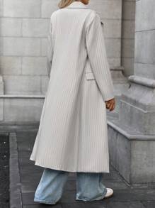 SHEIN LUNE 女式修腰长款风衣，条纹图案和双排扣设计，含衬里，秋冬季休闲 - 淺灰色 - 查看 2