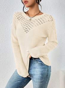 Chiquease Crew Neck Net Sweater, Casual And Versatile Long Sleeve Pullover Knit Pullover Fall Winter - Apricot - View 4