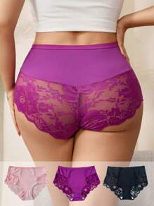 Seduluxe 3pcs Plus Size Solid Color Lace Patchwork Casual Underwear - Multicolor - View 1
