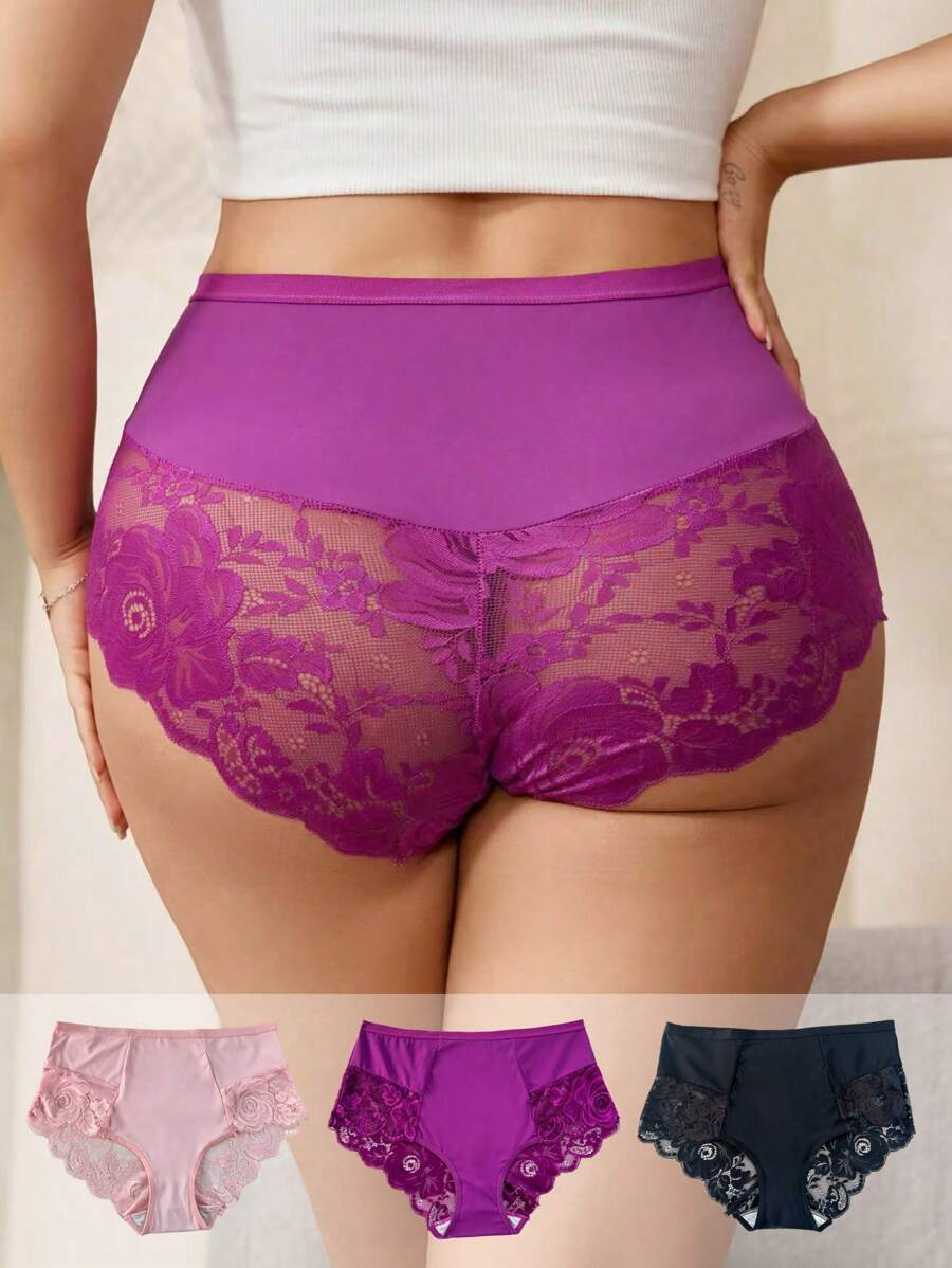 Seduluxe 3pcs Plus Size Solid Color Lace Patchwork Casual Underwear - Multicolor - View 1