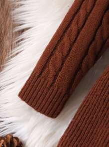 SHEIN Vintaside Kids Vestido de punto de cuello alto de punto cable sólido informal para niña, otoño/invierno - Marrón Chocolate - Ver 4