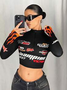 SHEIN ICON Slim Fit Motorcycle Style Flame Racing Pattern Partial Zip-Up Stand Collar Long Sleeve T-Shirt - Black - View 5