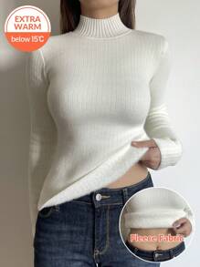 SHEIN BASICS 休闲纯色高领长袖修身常规针织毛衣 - 白色 - 查看 1