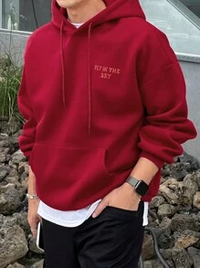 DAZY Men's Letter Print Long Sleeve Drawstring Hoodie Sweatshirt, Autumn - Red - View 1