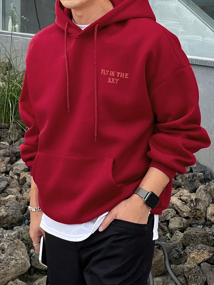 DAZY Men's Letter Print Long Sleeve Drawstring Hoodie Sweatshirt, Autumn - Red - View 1