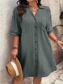 Breezaya Plus Size Women Elegant Daily Wear Solid Color Woven Button-Down Dropped Shoulder Puff Sleeve Pocket V-Neck Collared Mid-Length Dress, Summer
