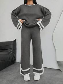 EURMUSE 1pc Contrast Trim Drop Shoulder Sweater & 1pc Knit Pants - Dark Grey - View 5
