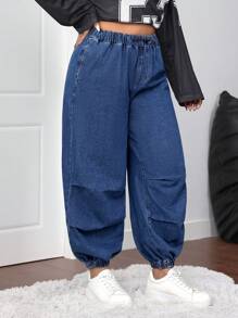 SHEIN EZwear 大码紧身锥形宽松牛仔裤，蓝色 - 藍色 - 查看 3