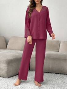 Women Lace Trim Buttoned Front Sleepwear Set With Shoulder And Sleeve Panel - Burgundy - View 5
