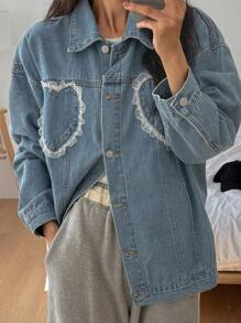 DAZY Women's Front Button Long Sleeve Lace Patchwork Casual Denim Jacket - Light Wash - View 3