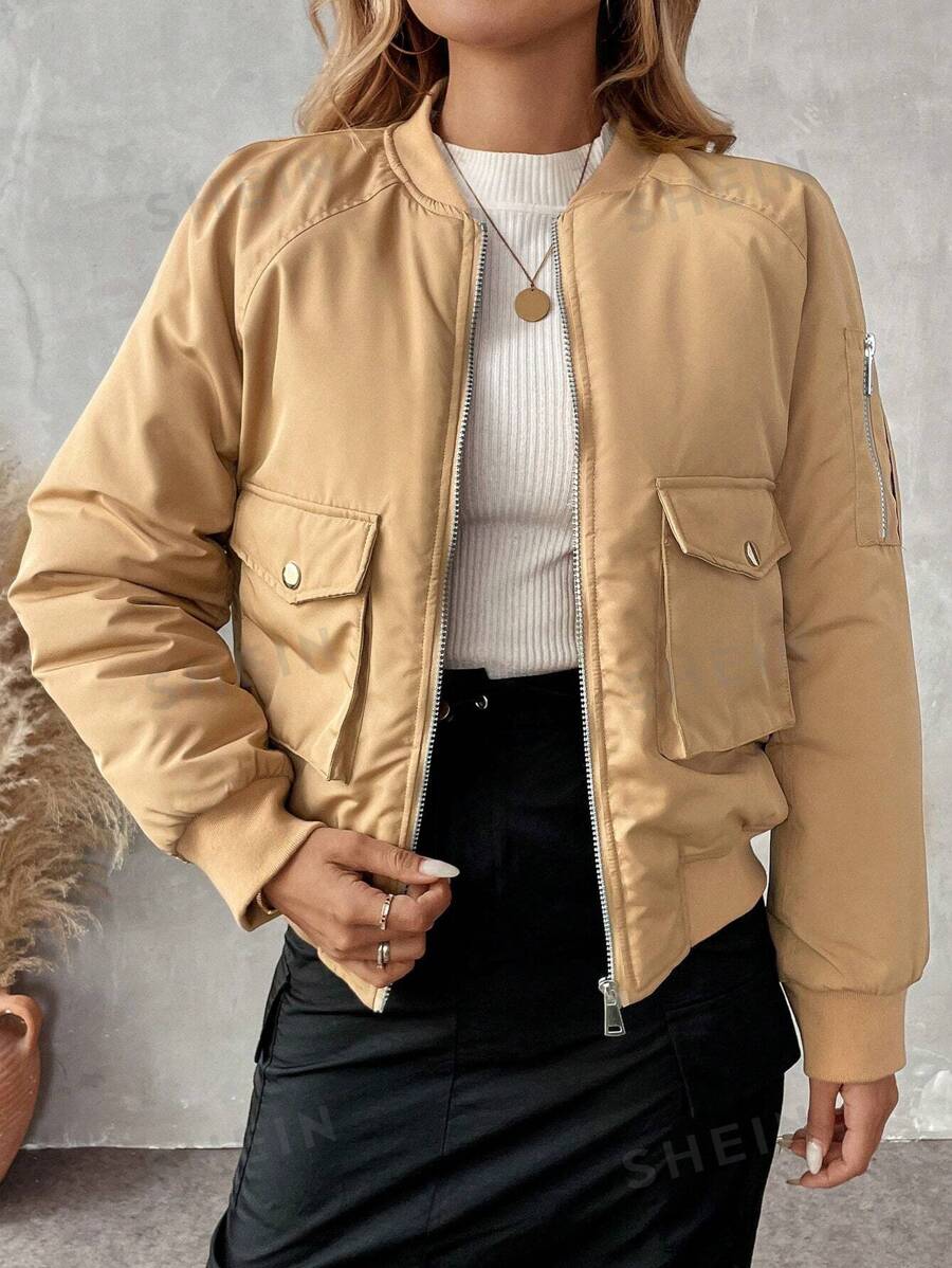 Chiquease Chaqueta acolchada tipo béisbol con cierre de cremallera, bolsillo con solapa y mangas raglán de unicolor para mujer. Ropa de invierno con interior acolchado de felpa