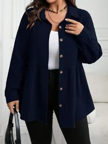Plus Size Casual Solid Color Cinched Waist Shirt, Autumn
