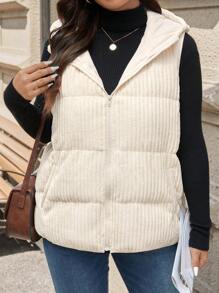 SHEIN LUNE Plus Size Vest Padded Coat With Hooded And Pockets, Warm And Thickened Winter Coat New Years Holiday Thermal - Apricot - View 3