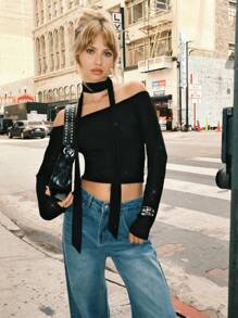 SHEIN EZwear 女士露肩长袖时尚修身优雅迷人纯黑色 T 恤秋冬季