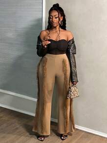 Slaydiva Plus Size Ribbed Brown Pants, Autumn/Winter - Brown - View 5