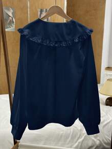 SHEIN LUNE Áo sơ mi nữ cổ Peter Pan dễ thương màu trắng phong cách Hàn Quốc Nhật Bản, phù hợp làm lớp trong hoặc áo ngoài cho mùa thu/đông - Màu xanh hải quân - Xem 2