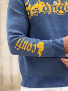 Manfinity Homme 男士休闲火焰与字母印花拼色套头高领长袖毛衣，适合工作、朋友 - 藍色 - 查看 6