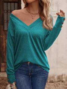 SHEIN LUNE Casual Solid Color V-Neck Long Sleeve T-Shirt, Autumn