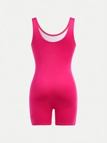 SHEIN Mono de color magenta suave y cómodo para niñas preadolescentes, apto para deportes, yoga, fitness, ciclismo, running y uso diario - Rosa Fucsia - Ver 2