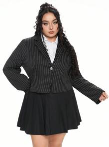 ROMWE Blazer Longo de Manga Longa com Cintura Marcada e Listras Vintage, Plus Size - Preto - Visão 3