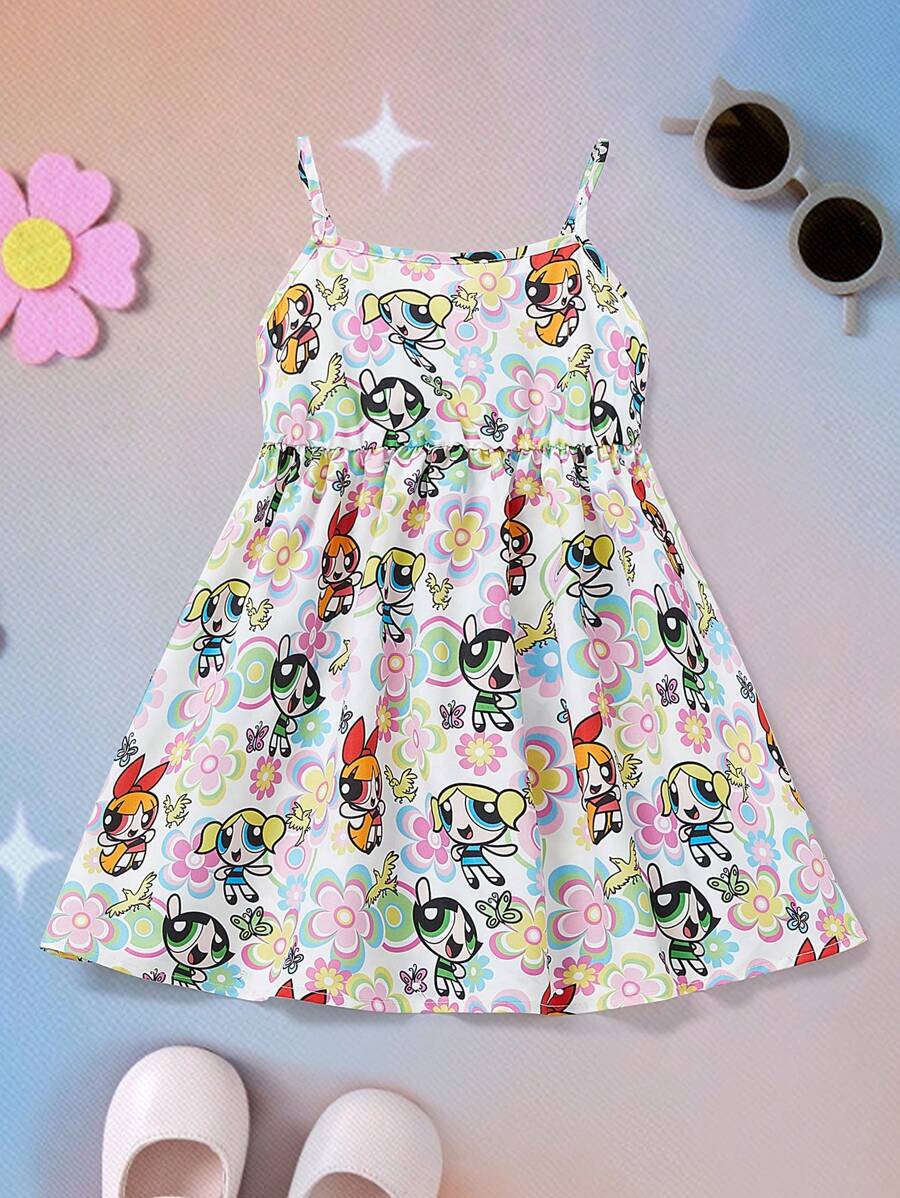 THE POWERPUFF GIRLS X SHEIN Young Girl Colorful Floral Butterfly & Cartoon Character All-Over Print Spaghetti Strap Ruffle Skater Dress - Multicolor - View 1