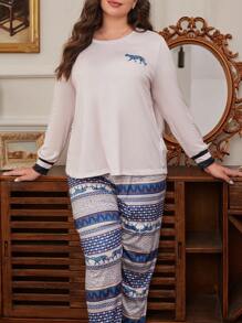 Vintage Floral & Leopard Print Knit Long Sleeve Plus Size Pajama Set