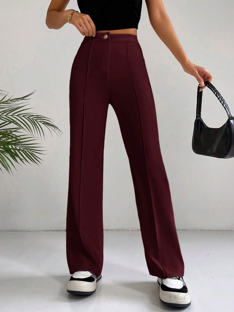 SHEIN EZwear 纯色高腰接缝细节黑色裤子 - 酒紅色 - 查看 1