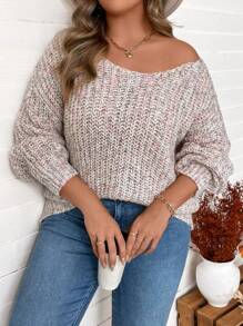 SHEIN VCAY 大码女式蝙蝠袖 V 领套头毛衣，带花卉欧根纱设计，秋冬款 - 彩色 - 查看 7