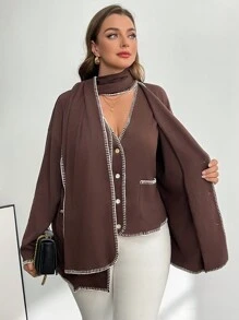 SHEIN Privé Plus Size Women's Brown Scarf Vest&Long-Sleeved Cardigan 3-Piece Set,Autumn Winter Casual Office Fashion Loose Comfortable Thermal Coats Curve Tops - Brown - View 6