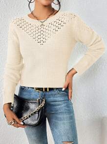 Chiquease Crew Neck Net Sweater, Casual And Versatile Long Sleeve Pullover Knit Pullover Fall Winter - Apricot - View 3