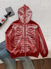 SHEIN EZwear Damen Herbst Langarm Reißverschluss Vorne Kapuze Strass Totenkopf Print Lose Sweatshirt