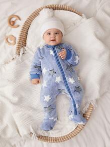 Cozy Pixies Newborn Baby Boy Star Pattern 3D Ear Hooded Long Sleeve Romper And Pants Set, Casual All-Match Thick Warm Outfits For Autumn/Winter - Blue - View 5