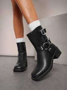 SHUZIA 女式黑色厚底摩托靴，双扣带和金色五金配件，舒适方头，日常款式，新年假期 - 黑色 - 查看 4