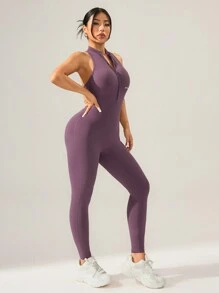 Cheerettes 女式字母印花拉链半襟日常健身背心搭配连体裤 - 摩卡棕 - 查看 3