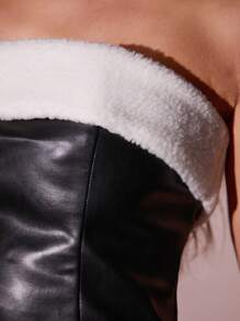 Hauture Teddy Fur Trim Faux Leather PU Tube Top - Black - View 4