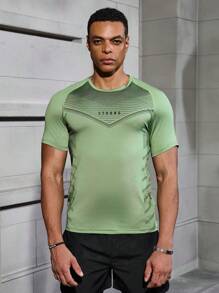 Manfinity Fitness Áo thun thể thao tay ngắn in chữ lưới thường ngày phong cách bạn trai dành cho nam, mùa hè - màu xanh lá - Xem 4