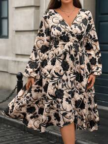 SHEIN Clasi Vestido de envolver de manga farol con estampado floral talla grande, elegante para el otoño