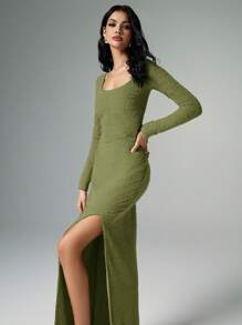 Poéselle 1 件女士休闲简约纹理开衩长裙，秋季 - 綠色 - 查看 4