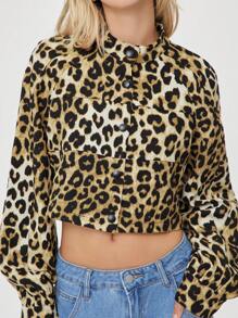 SHEIN EZwear Leopard Print Contrast Side Seam Raglan Sleeve Crop Jacket - Multicolor - View 2