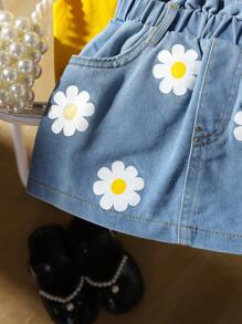 SHEIN 2pcs/Set Baby Girls Casual Daisy Flower Embroidery Camisole Top & Mini Skirt Set, Fashionable Street Style, Suitable For Outings, Spring & Summer - Yellow - View 3