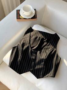 SHEIN EZwear 秋冬细条纹单排扣短款马甲（不含衬衫）