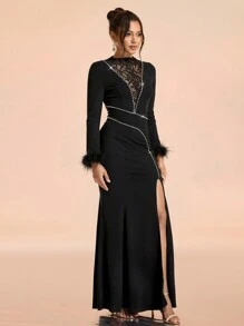 SHEIN Belle Vestido elegante de Navidad de mujer con contraste de encaje tejido, manga larga, adornado con cristales, ajustado con abertura, midi, negro, vestido de fiesta formal para invitados de boda, graduación, cena