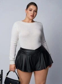 SHEIN EZwear Quần short chữ A bằng da PU đơn giản màu trơn cỡ lớn, mặc thường ngày - màu đen - Xem 1