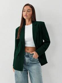 TRNVIE Loose Casual Solid Color Long Sleeve Office/Work Blazer - Dark Green - View 6