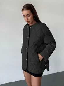 Aloruh Damska pikowana kurtka parka w kratę, luźny oversize'owy zielony kontrastowy płaszcz ocieplany, ciepły na jesień/zimę